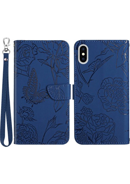 Apple iPhone Xs Için Max Telefon Kılıfı Pu Deri Kılıf Katlama Stand Cilt Touch Hissed Hisset Kelebek Çiçek Deseni Baskılı Flip Cüzdan Telefon Kapağı Bilek Kayış Mavisi (Yurt Dışından)