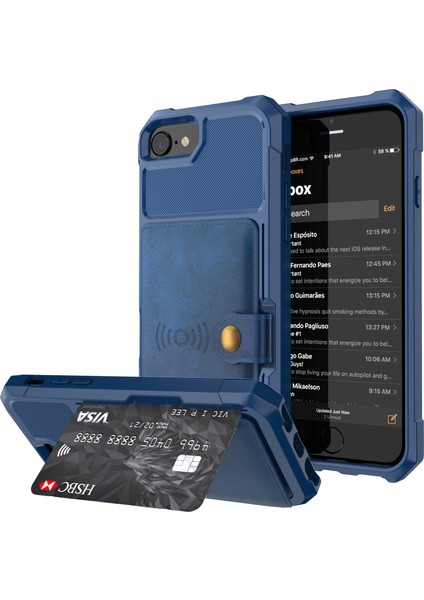 Pu Deri Kaplamalı Tpu Cüzdan Kickstand Case, Apple iPhone 8/7-Mavi Için Yerleşik Manyetik Tabaka ile (Yurt Dışından)