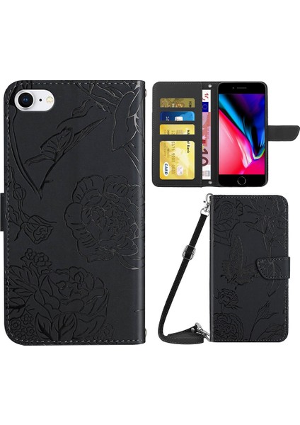 Apple iPhone 8/7 Kelebekler Için Çiçek Baskılı Stand Deri Kılıf Cüzdan Kapağı Omuz Kayışı (Yurt Dışından)