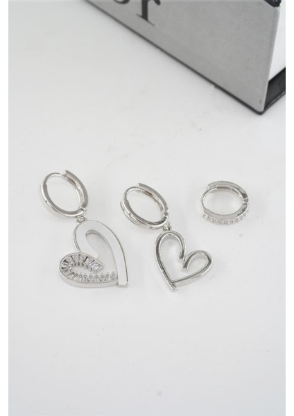 Kadın Vip Seri Zirkon Taşlı Mineli Kalp Model 3'lü Küpe Seti