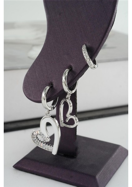 Kadın Vip Seri Zirkon Taşlı Mineli Kalp Model 3'lü Küpe Seti fiyatları