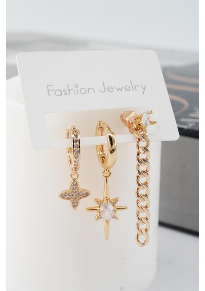 Kadın Vip Seri Zirkon Taşlı Kuzey Yıldız Model 3'lü Küpe Seti
