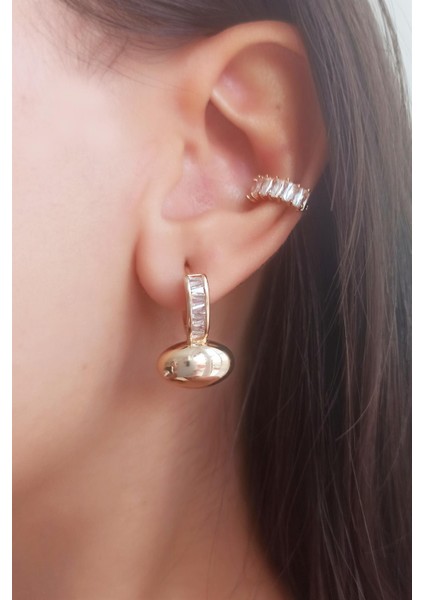 Kadın Vip Seri Baget Zirkon Taşlı Elips Model 2'li Küpe Seti