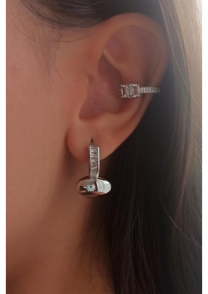 Kadın Vip Seri Baget Zirkon Taşlı Elips Model 2'li Küpe Seti