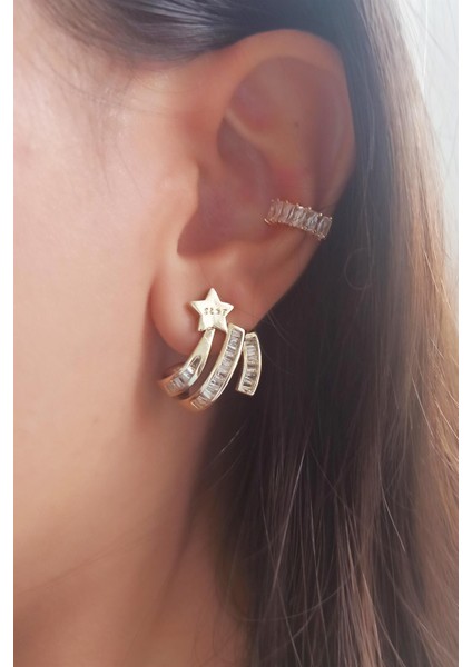 Kadın Vip Seri Baget Zirkon Taşlı Yıldız Model 2'li Küpe Seti