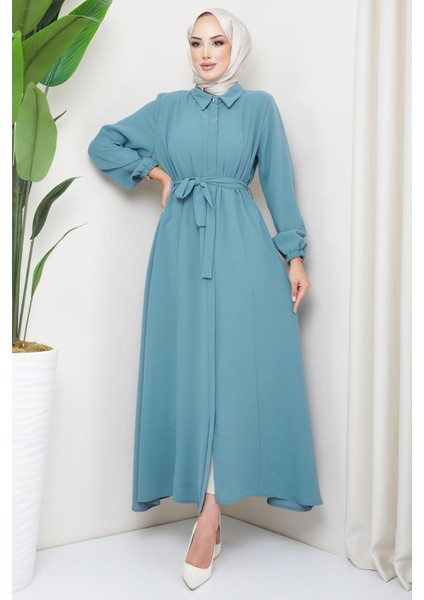 Gömlek Yaka Kuşaklı Ferace Mint HM2253