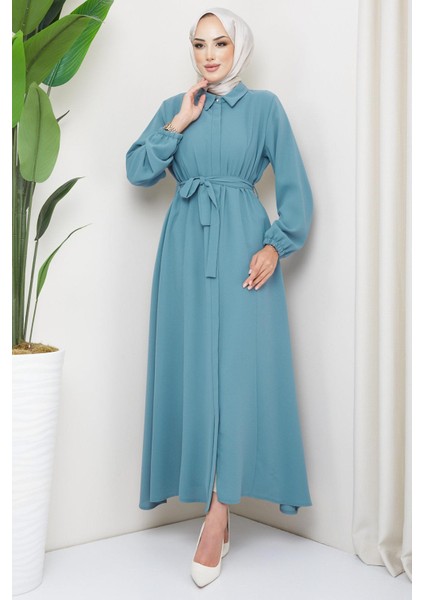 Gömlek Yaka Kuşaklı Ferace Mint HM2253 modelleri