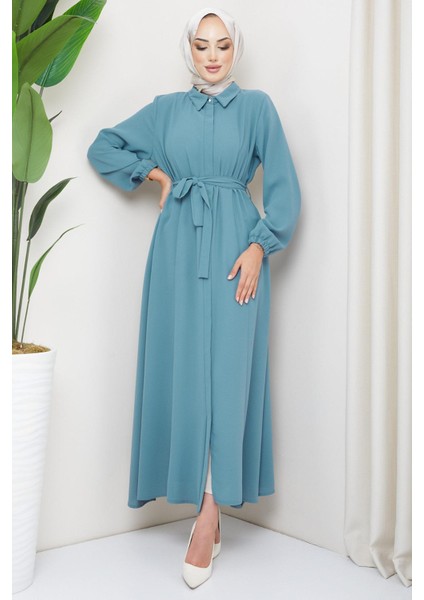 Gömlek Yaka Kuşaklı Ferace Mint HM2253 indirimleri