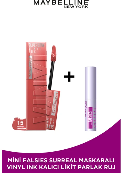 Maybelline New York Super Stay Vinyl Ink Uzun Süre Kalıcı Likit Parlak Ruj 15 Peachy Mini Surreal Maskara Hediyeli