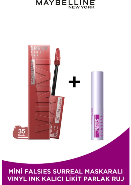 Maybelline New York Super Stay Vinyl Ink Uzun Süre Kalıcı Likit Parlak Ruj 35 Cheeky Mini Surreal Maskara Hediyeli