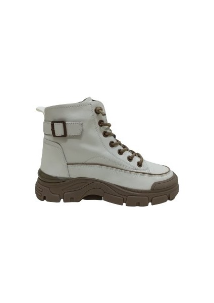 Bej Krem Deri Kadın Sneaker Bot Ayakkabı