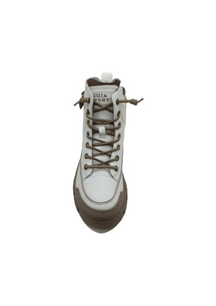 Bej Krem Deri Kadın Sneaker Bot Ayakkabı