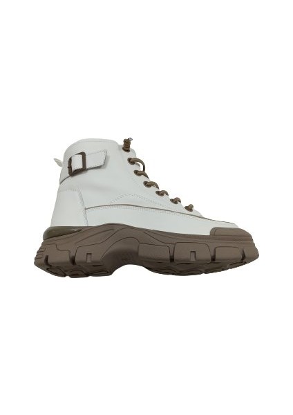 Bej Krem Deri Kadın Sneaker Bot Ayakkabı