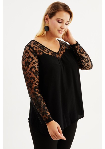 V Yaka Kolları Dantelli Bluz