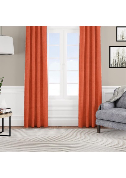 Fon Perde Özel Ölçüye Uygun Kadifemsi Pilesiz Bohem Salon Otel Oturma Çocuk Odası Tek Kanat Kiremit