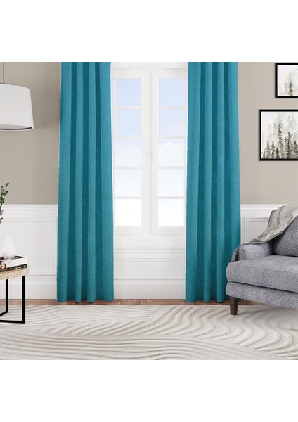 Fon Perde Özel Ölçüye Uygun Kadifemsi Pilesiz Bohem Salon Otel Oturma Çocuk Odası Tek Kanat Mavi