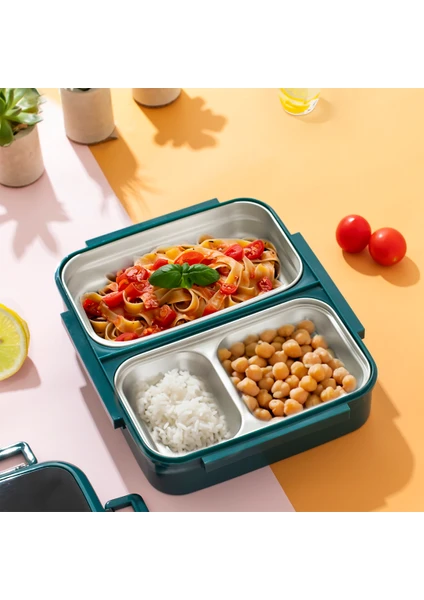 1392 Çelik 3 Bölmeli Yemek Termosu Beslenme Kutusu Lunchbox Sefer Tası Yeşil