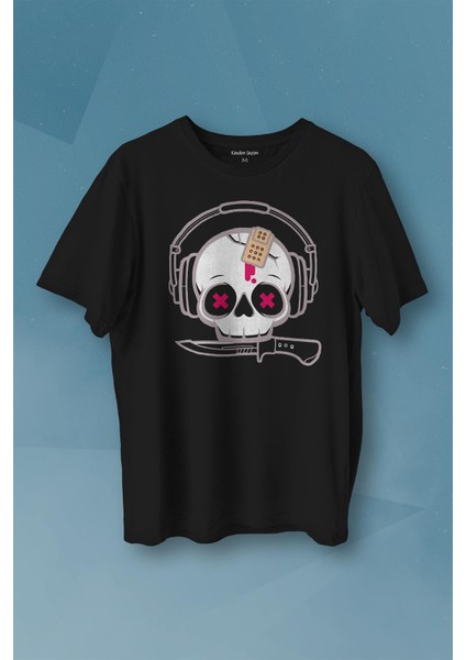 Müzik Dinleyen Kuru Kafa Kulaklık Bıçak Yara Bandı Skull Baskılı Tişört T-Shirt