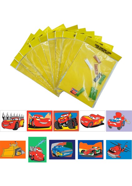 Disney Cars, 10 Adet Büyük Boy A4, Erkek Çocuk Kum Boyama Kartı Seti-Red Castle KB-D-102