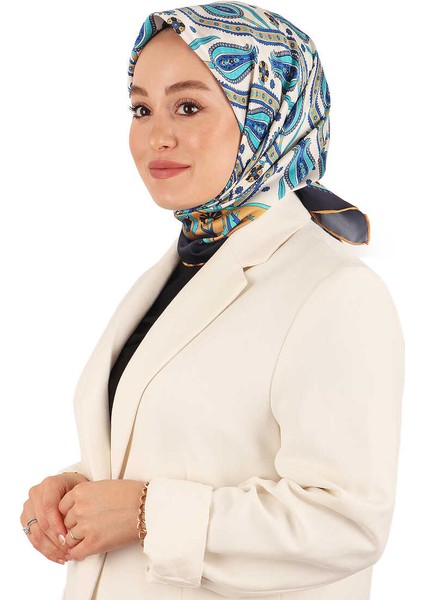 Lacivert Sarmaşık Lale Desen Ipeksi Eşarp