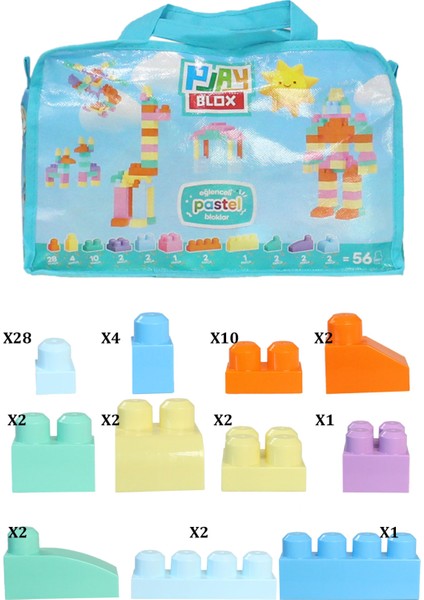 2915 Pastel Renkler Mega Blok Seti 56 Parça Mavi Çantalı