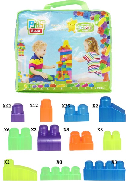 2991 Neon Renkler Mega Blok Seti 133 Parça Yeşil Çantalı