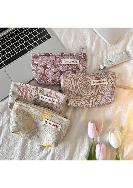 Stil 2 Debriyaj Rölyef Çiçekler Baskı Kanvas Yıkama Torbası Büyük Kapasiteli Kız Seyahat Saklama Makyaj Çantası (Yurt Dışından) indirimleri