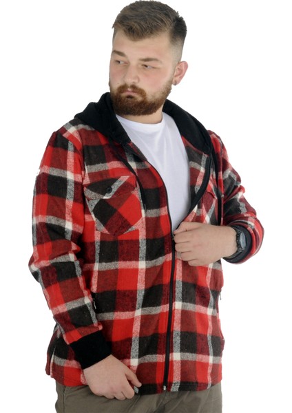Erkek Sweat Fermuarlı Kapşonlu Kapak Cep Oduncu 21572 Kırmızı