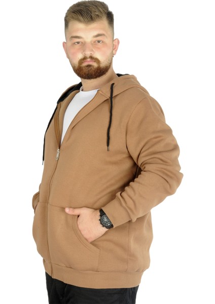 Mode Xl Erkek Sweatshirt Kapşonlu Zippered Basic 20543 Sütlükahve