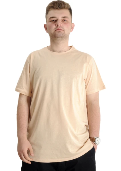 Mode Xl Büyük Beden Erkek Tshirt Bisiklet Yaka Basic 20031 Bej