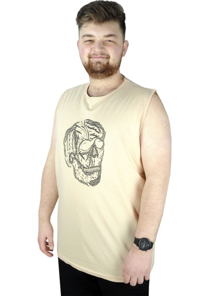 Mode Xl Büyük Beden Erkek Kolsuz Tshirt Skull 22124 Bej