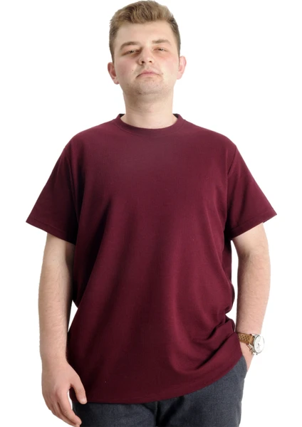 Büyük Beden Erkek T-Shirt Bisiklet Yaka Waffle 20033 Bordo