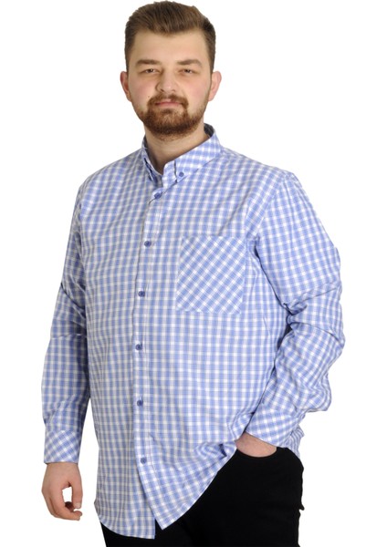Büyük Beden Erkek Ekose Uzun Kollu Cepli Gömlek 23300 Mavi
