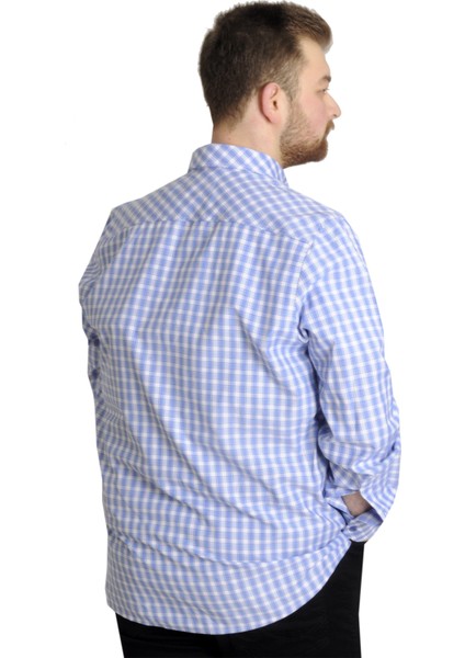 Büyük Beden Erkek Ekose Uzun Kollu Cepli Gömlek 23300 Mavi modelleri