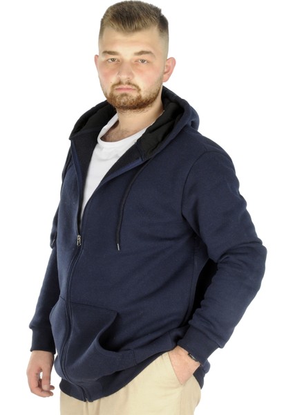 Büyük Beden Erkek Sweatshirt Zippered Recycle B20533 Lacivert