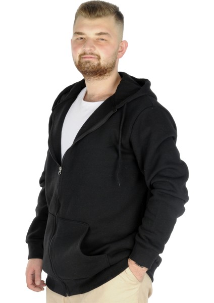 Büyük Beden Erkek Sweatshirt Zippered Recycle B20533 Siyah