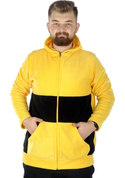 Büyük Beden Erkek Kapşonlu Fermuarlı Polar Hırka 22554 Hardal