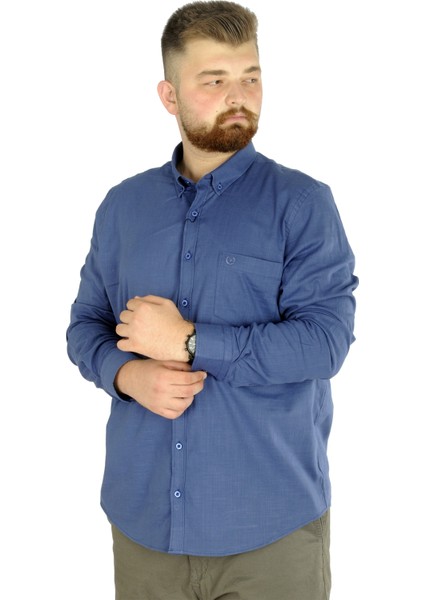 Büyük Beden Erkek Keten Cepli Gömlek 20386 Indigo