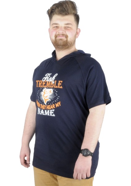 Mode Xl Büyük Beden Tshirt Kapşonlu Act Now 22128 Lacivert