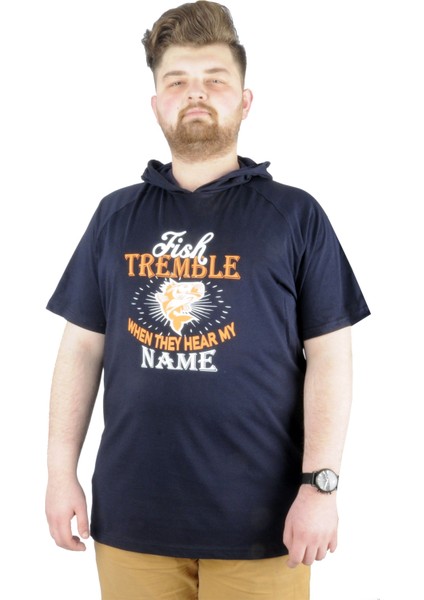 Mode Xl Büyük Beden Tshirt Kapşonlu Act Now 22128 Lacivert