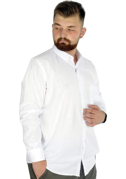 Büyük Beden Erkek Keten Cepli Gömlek 20386 Beyaz