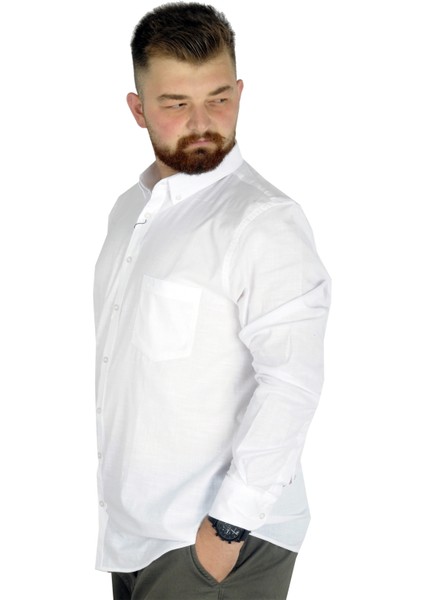 Büyük Beden Erkek Keten Cepli Gömlek 20386 Beyaz modelleri