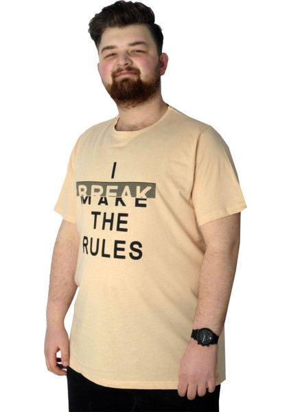 Mode Xl Erkek T Shirt Baskılı Break Make The Rules 22150 Bej