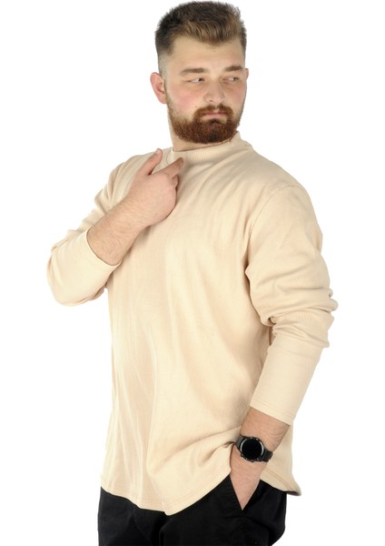 Büyük Beden Uzun Kol Yarım Balıkçı Kazak 22558 Bej