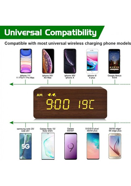 Kablosuz Şarjlı Dijital Ahşap Çalar Saat, %0-100 Dimmer, Çift Alarm, Hafta Içi/hafta Sonu Modu, Erteleme, Yatak Odası, Başucu, Masa, Çocuklar Için Ahşap LED Saatler (Kahverengi) (Yurt Dışından) modelleri