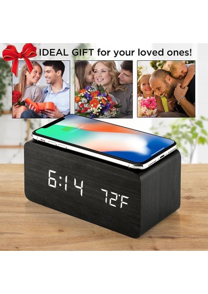 Qi Kablosuz Şarj Pedli Ahşap Çalar Saat iPhone Samsung Ahşap LED Dijital Saat Ses Kontrol Fonksiyonu, Zaman Tarihi, Yatak Odası Ofis Ev Için Sıcaklık Göstergesi - Siyah (Yurt Dışından) modelleri