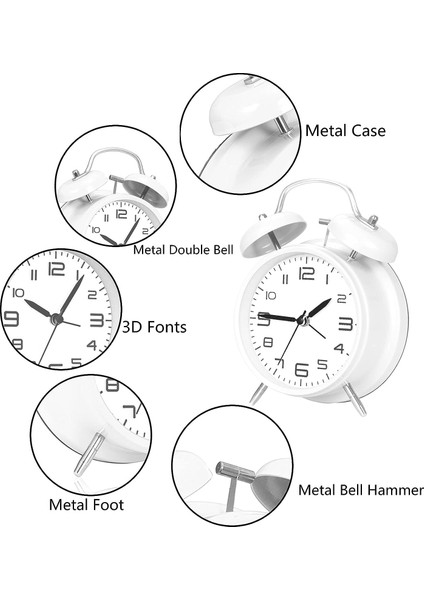 4,5 Inç Sessiz Gece Işıklı Küçük Saat, Pille Çalışan, Metal Çerçeve 3D Kadran, Yatak Odası, Başucu, Masa, (Beyaz) (Yurt Dışından) fırsatları