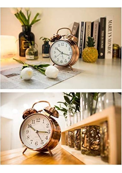 [derin Uyuyanlar Için Yüksek Ses] 4" Arkadan Aydınlatmalı Ikiz Zil Çalar Saat, Pille Çalışan, Retro Tarzı Yüksek Alarm (Kırmızı Kahverengi) (Yurt Dışından)