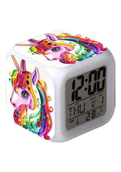 Unicorn Renkli Çalar Saat LED Kare Saat Zaman, Sıcaklık, Alarm, Tarih ile Dijital Çalar Saat (Yurt Dışından)