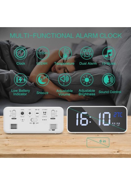 Dijital Çalar Saat, Ayna LED Müzikli Dijital Saat, Ses Kontrolü, 4 Ayarlanabilir Parlaklık, Çift Alarm, Sıcaklık, Erteleme, Yatak Odası, Başucu, Ofis, Çocuklar, Yaşlılar Için USB Ş (Yurt Dışından) fiyatları